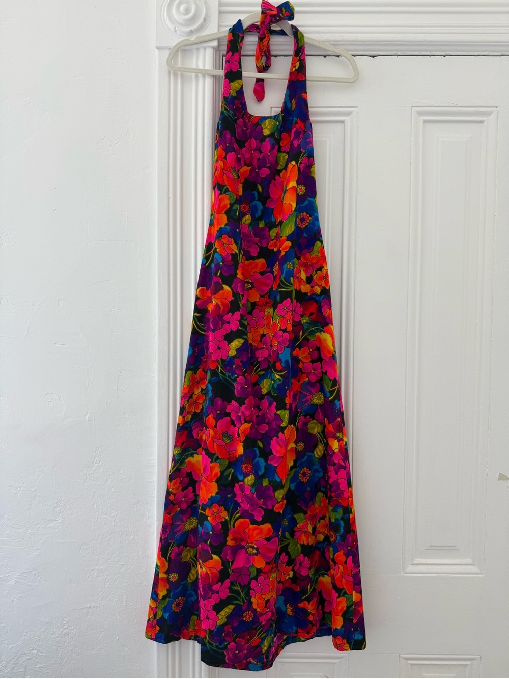 Vintage Vibrant Floral Halter Maxi Dress - Bright Pink & Orange Flowers - Picture 1 of 7